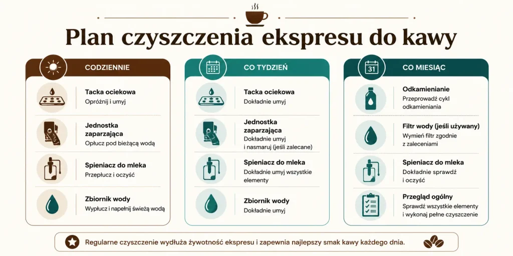 Plan czyszczenia ekspresu do kawy — codziennie, co tydzień i co miesiąc