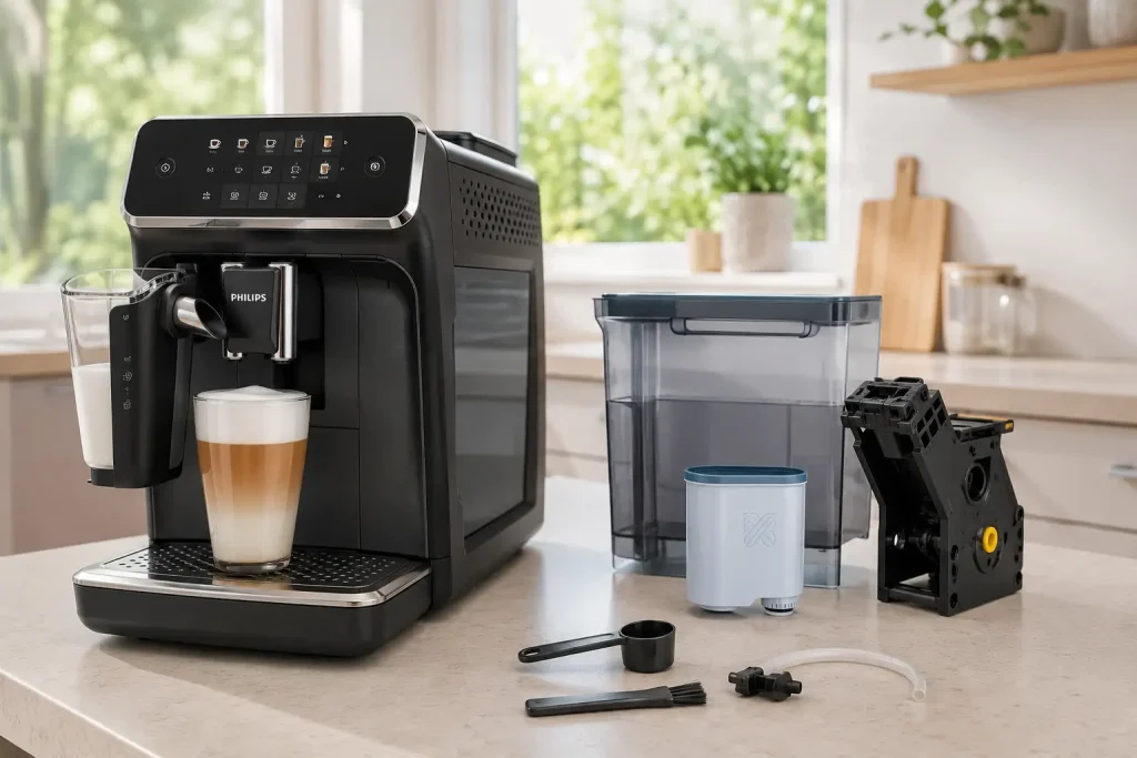 ekspres Philips LatteGo na jasnym blacie, zbiornik wody, filtr AquaClean i blok zaparzający