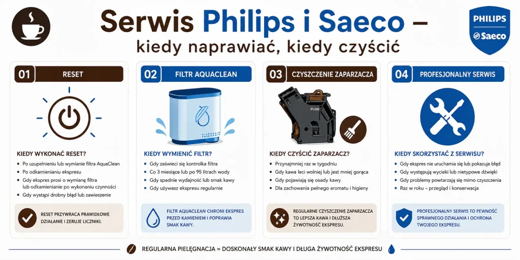 Serwis Philips i Saeco — kiedy naprawiać, a kiedy czyścić