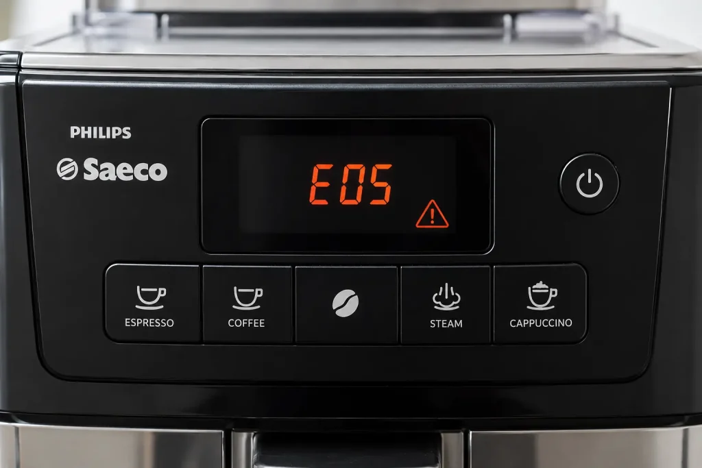 Wyświetlacz ekspresu Philips Saeco z widocznym kodem błędu E05 — panel sterowania z podświetlonym komunikatem błędu, jasne neutralne tło