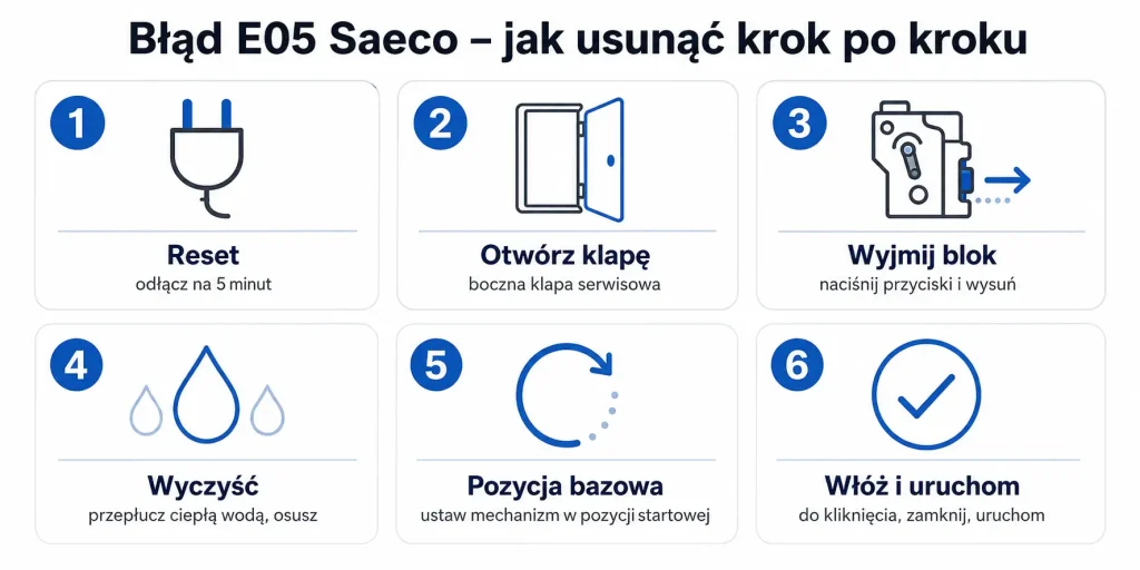 Schemat zatytułowany "Błąd E05 Saeco – jak usunąć krok po kroku" z sześcioma etapami: reset zasilania, wyjęcie jednostki, czyszczenie, pozycja bazowa, włożenie, odkamienianie — każdy z numerem, ikoną i krótkim opisem