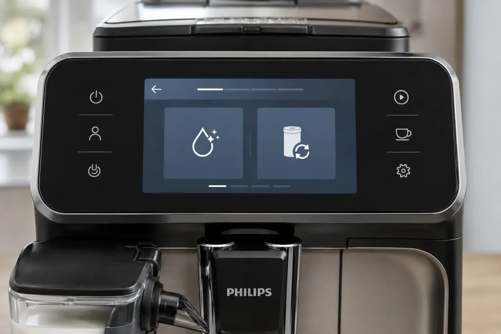 Panel sterowania ekspresu Philips LatteGo z widocznym menu ustawień na wyświetlaczu — ikony kaw i menu konserwacji