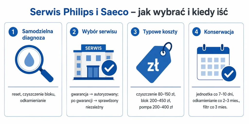 Schemat zatytułowany "Serwis Philips i Saeco – jak wybrać i kiedy iść" z czterema sekcjami: samodzielna diagnoza, wybór serwisu, typowe koszty, konserwacja — każda z ikoną i krótkim opisem