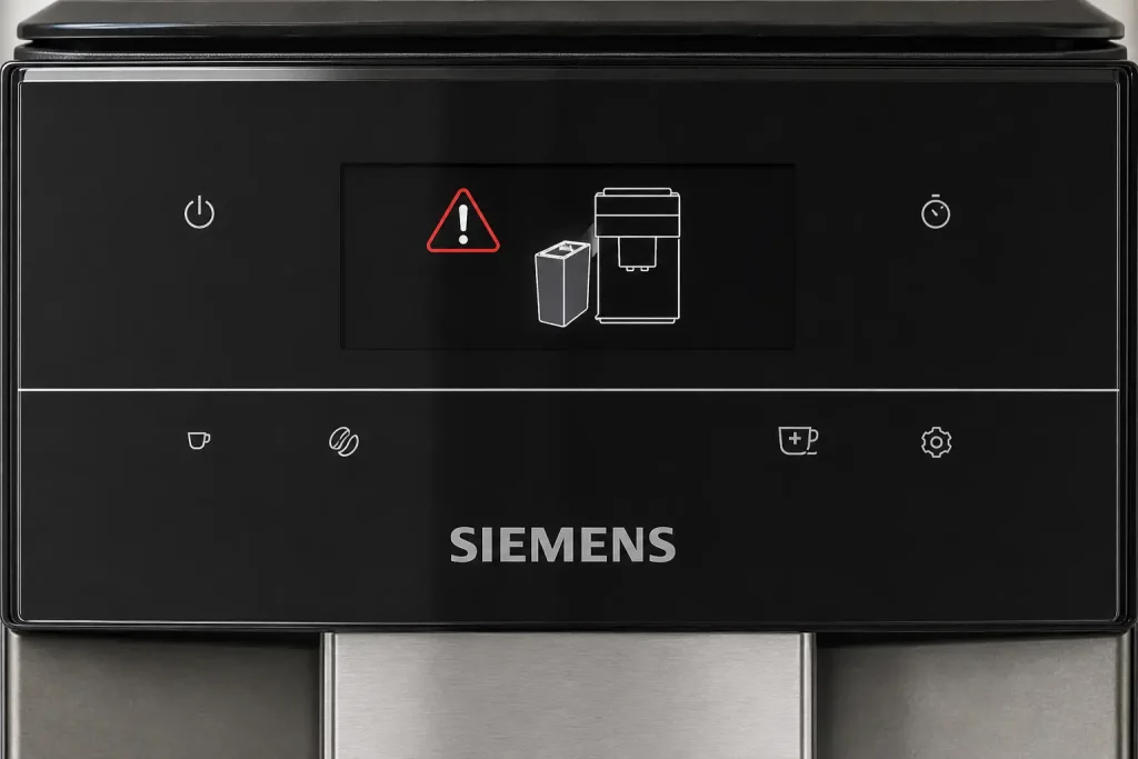 Panel sterowania ekspresu Siemens EQ.500 z widocznym komunikatem o usterce na wyświetlaczu — podświetlony ekran z ikoną błędu, jasne neutralne tło