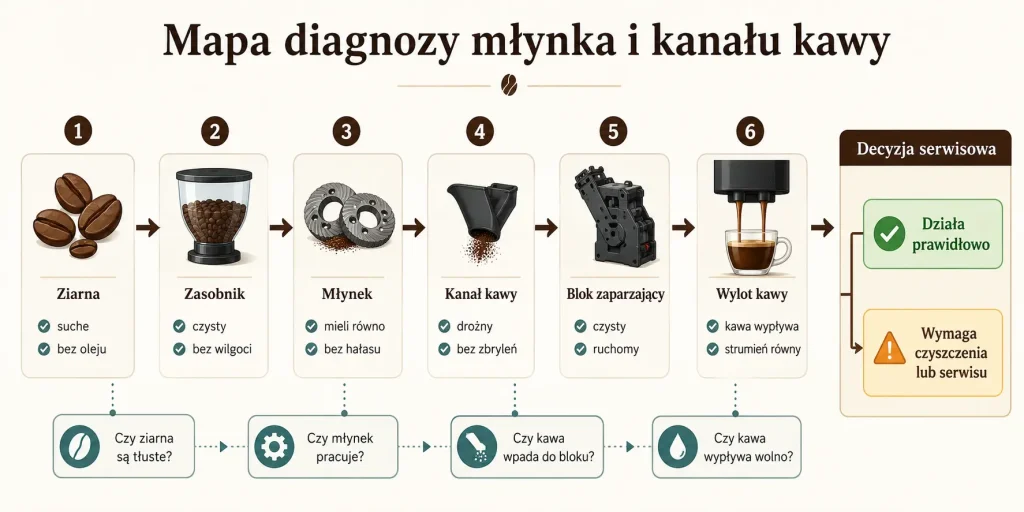  schemat pokazuje kolejność kontroli: ziarna, zasobnik, żarna, kanał zsypu, zaparzacz, wylot kawy; oznaczone są trzy decyzje: wyczyść, ustaw grubiej, oddaj do serwisu