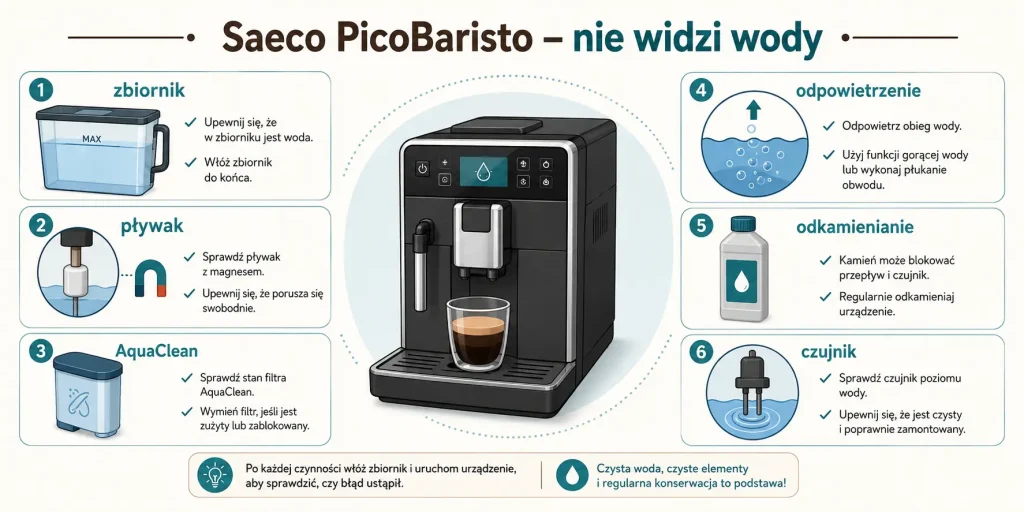 Saeco PicoBaristo — zbiornik, pływak, AquaClean, odpowietrzenie, odkamienianie, czujnik