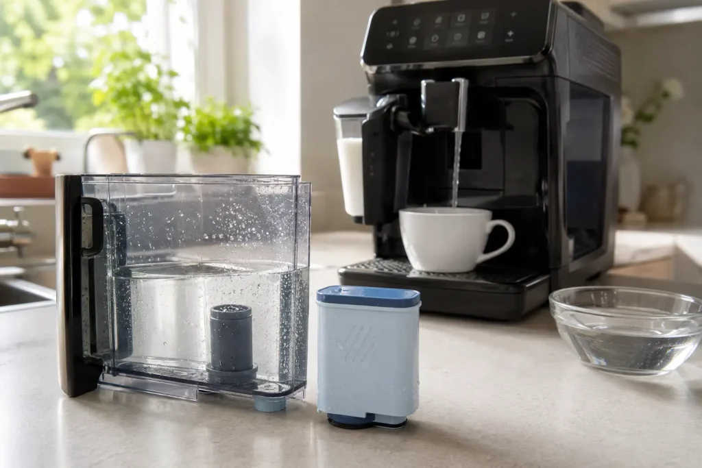 zbiornik wody Philips LatteGo, filtr AquaClean, filiżanka i akcesoria do czyszczenia