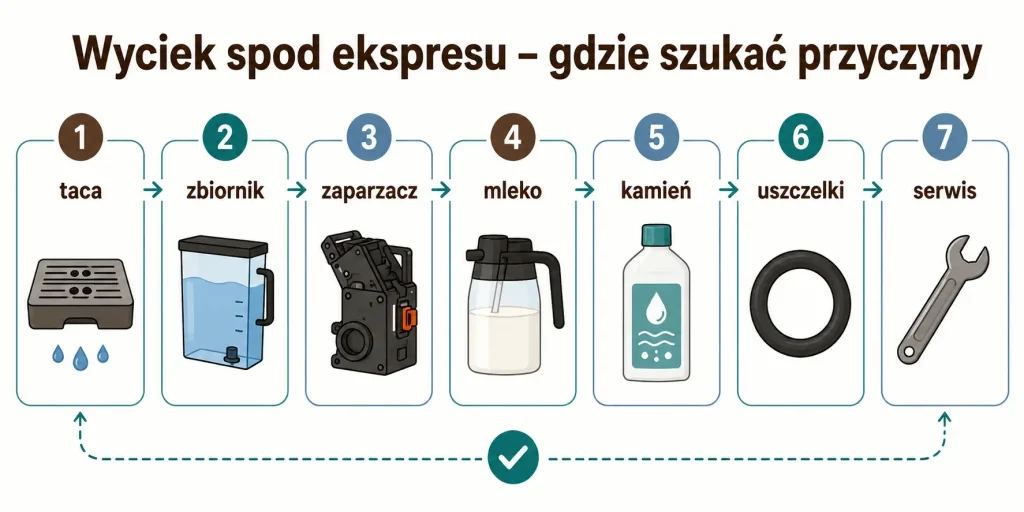 Wyciek spod ekspresu — taca, zbiornik, zaparzacz, system mleczny, kamień, uszczelki, serwis