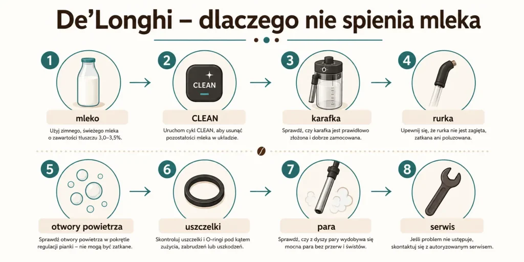 De’Longhi nie spienia mleka — mleko, CLEAN, karafka, dysza, uszczelki, para, odkamienianie, serwis