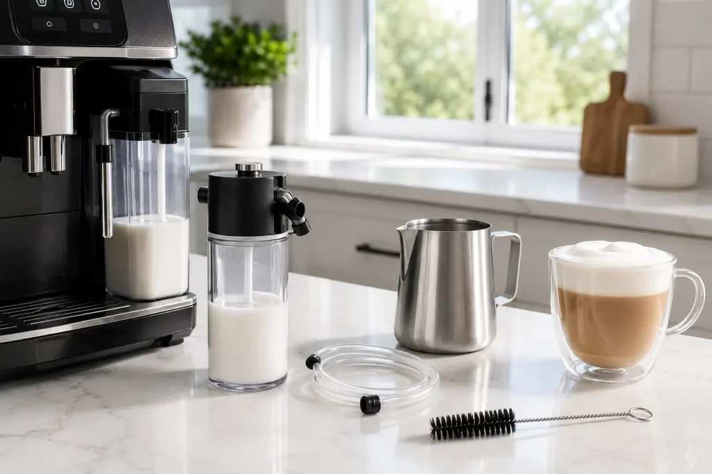 porównanie karafki mlecznej, wężyka, filiżanki cappuccino i akcesoriów czyszczących