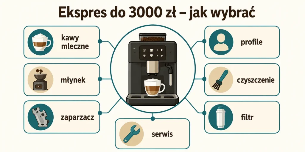 Ekspres do 3000 zł — mleko, młynek, zaparzacz, profile, czyszczenie, serwis, koszt eksploatacji