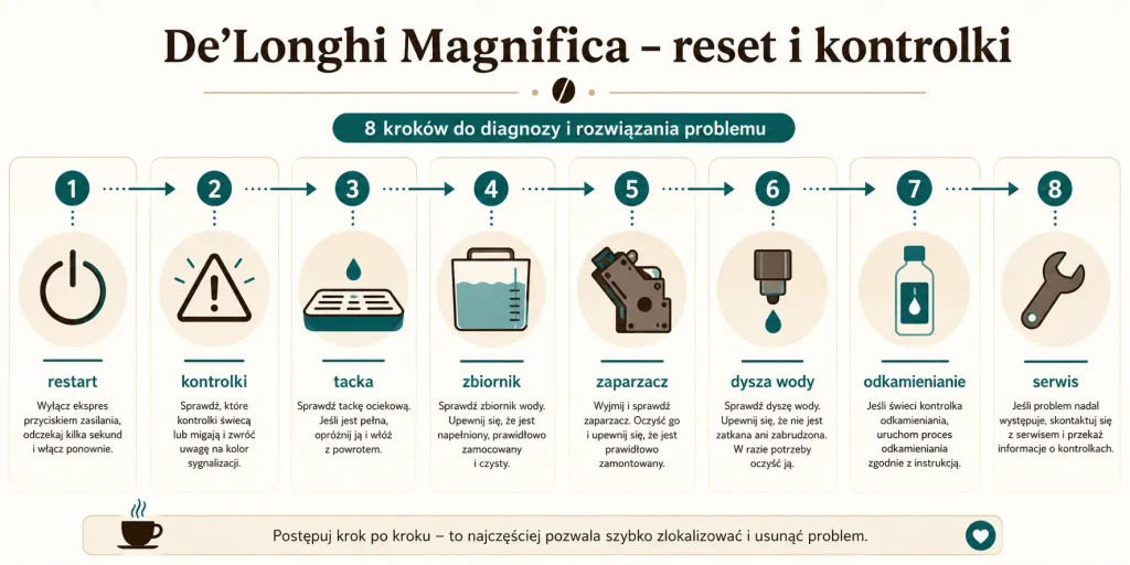 De’Longhi Magnifica — restart, kontrolki, tacka, zaparzacz, dysza wody, odkamienianie, filtr, serwis