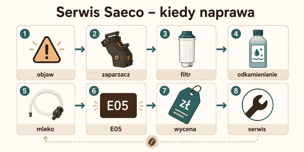 Serwis Saeco — diagnoza, zaparzacz, filtr, odkamienianie, mleko, E05, wycena, serwis