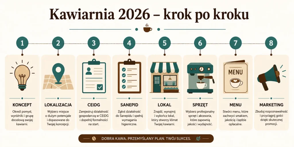 Otwarcie kawiarni 2026 — koncept, lokalizacja, CEIDG, Sanepid, lokal, sprzęt, menu, marketing