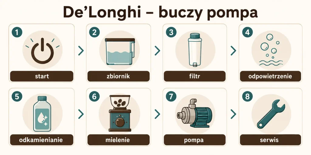 De’Longhi buczy — start, zbiornik, filtr, odpowietrzenie, odkamienianie, mielenie, pompa, serwis