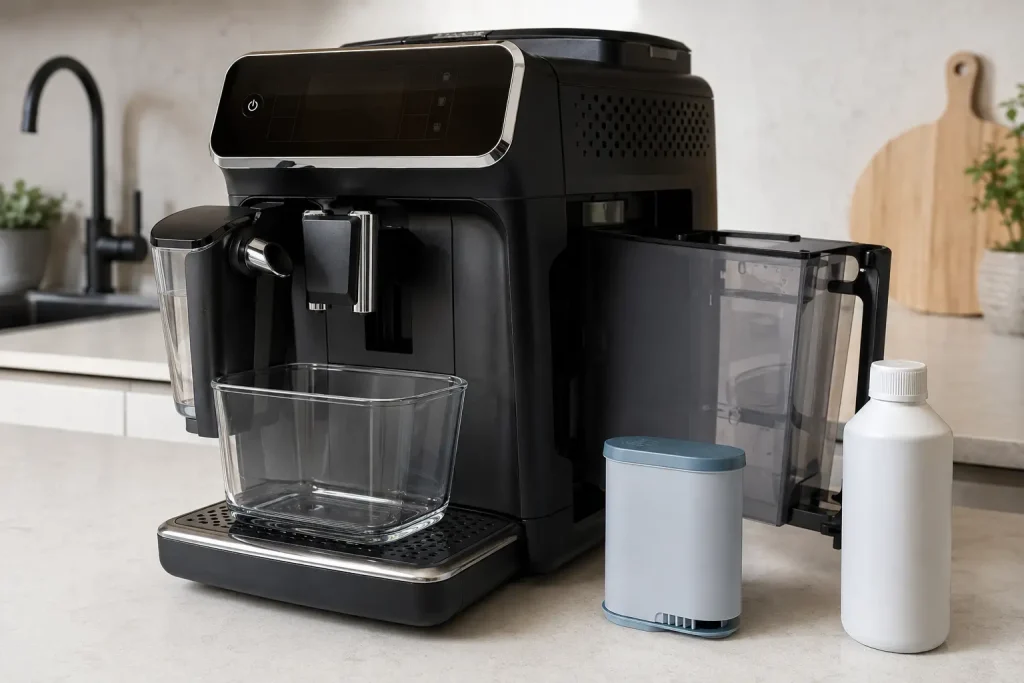 ekspres Philips LatteGo, zbiornik wody, środek odkamieniający, filtr AquaClean i pojemnik do płukania