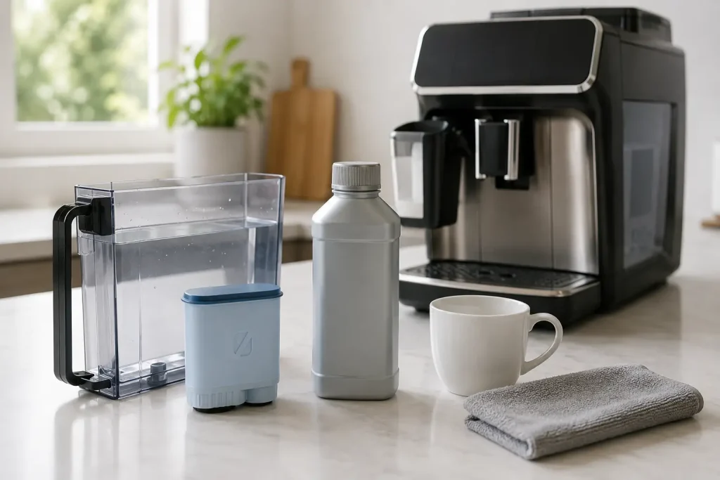 panel Philips LatteGo z ikoną Calc Clean, zbiornik wody, filtr AquaClean i duży pojemnik pod wylewką