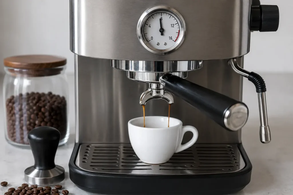manometr ekspresu, filiżanka espresso, kolba i świeżo zmielona kawa