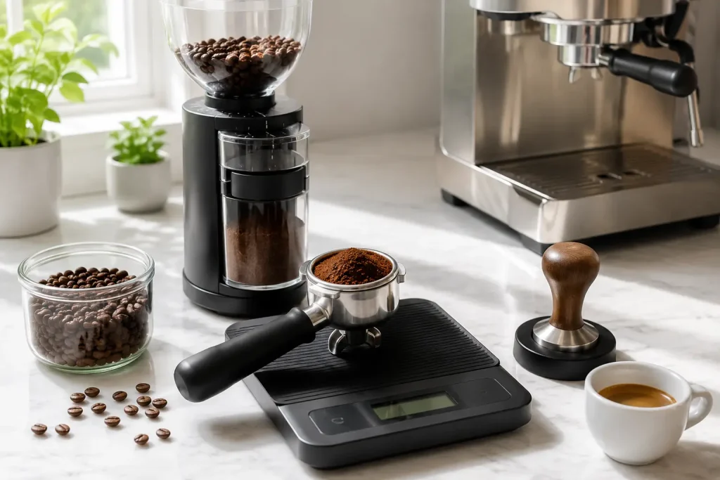 kolba, waga baristyczna, młynek, filiżanka espresso i świeże ziarna