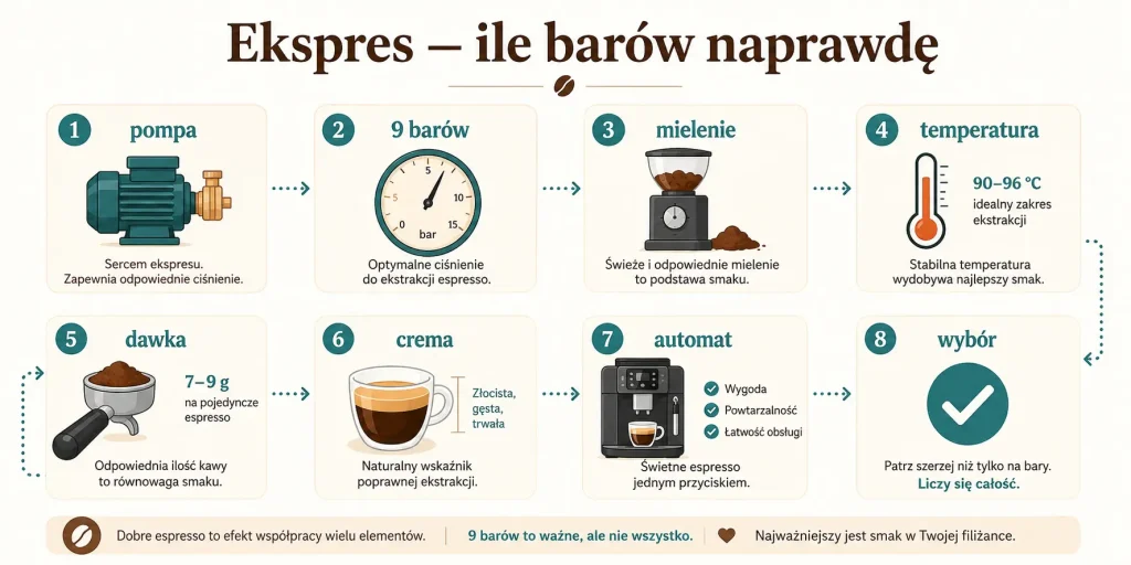 Ciśnienie w ekspresie — pompa, 9 barów, mielenie, temperatura, crema, automat, kolbowy, smak