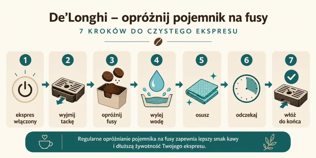 De’Longhi — komunikat opróżnij pojemnik na fusy: włączony ekspres, wyjęcie tacki, opróżnienie, osuszenie, odczekanie, wsunięcie, serwis