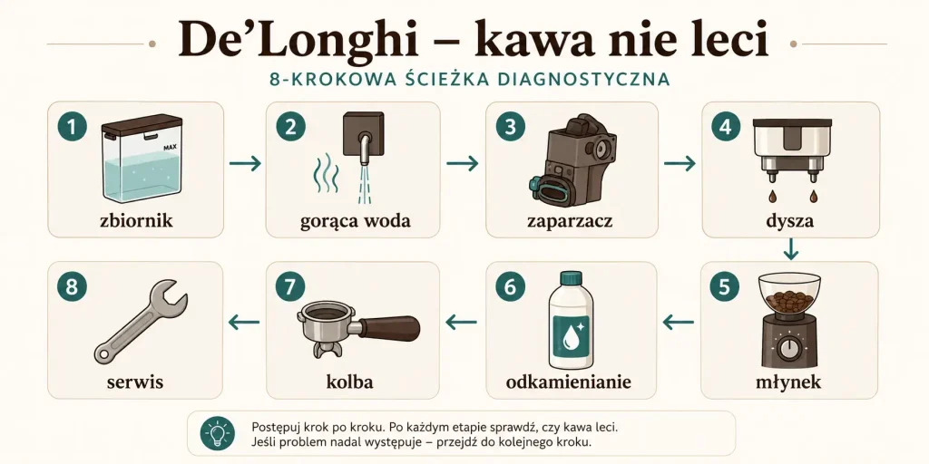  De’Longhi nie leci kawa — zbiornik, gorąca woda, zaparzacz, dysza, młynek, odkamienianie, kolba, serwis