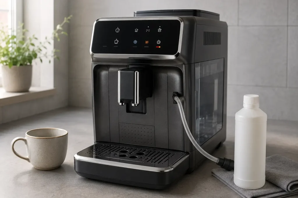 panel De’Longhi z kontrolką odkamieniania, pojemnik na wodę i filiżanka