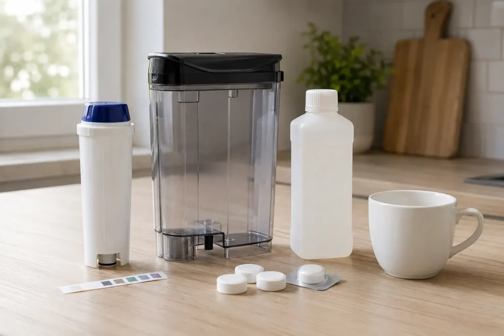 filtr wody, test twardości, zbiornik De’Longhi i odkamieniacz na jasnym blacie