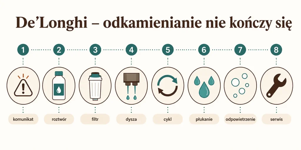 De’Longhi — problem z odkamienianiem: komunikat, roztwór, filtr, dysza, cykl, płukanie, odpowietrzenie, serwis