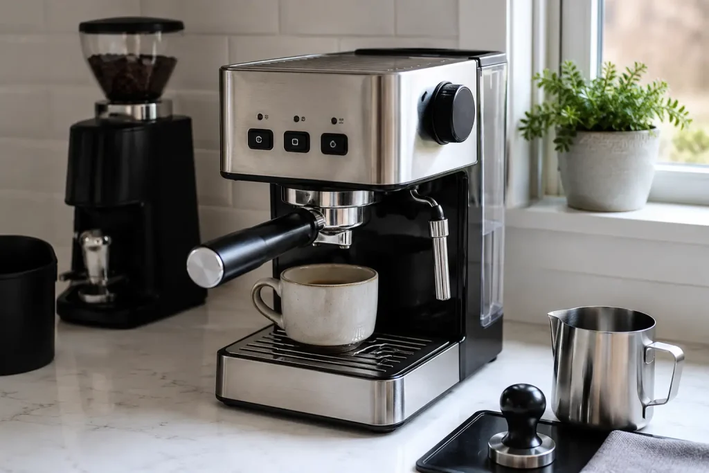 ekspres kolbowy z kompaktowym systemem grzewczym, filiżanka espresso i akcesoria baristyczne