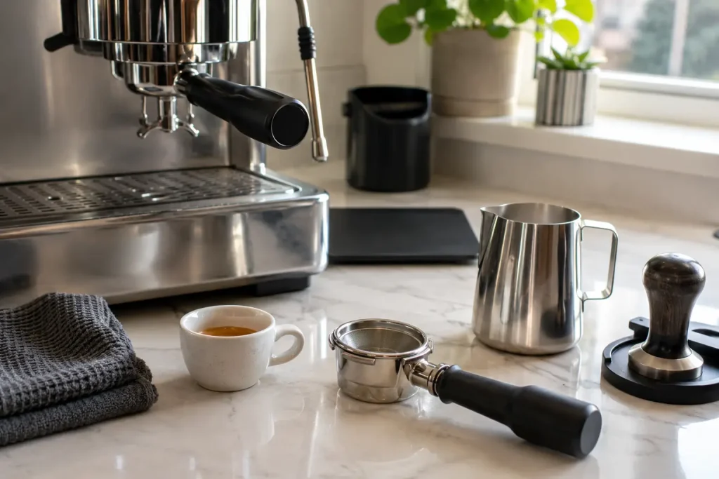 porównanie filiżanki espresso, portafiltra, dzbanka do mleka i małego ekspresu kolbowego