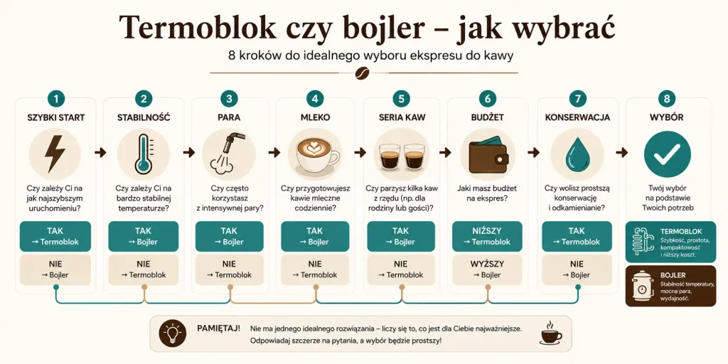 Termoblok czy bojler — szybki start, stabilność, para, mleko, seria kaw, budżet, konserwacja, wybór