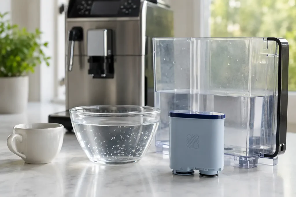 filtr AquaClean, zbiornik wody, filiżanka i dysza gorącej wody Saeco