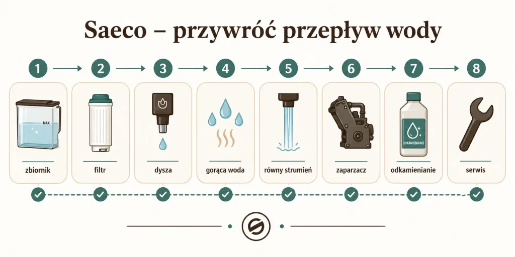 Saeco — odpowietrzanie obwodu: zbiornik, filtr, gorąca woda, równy strumień, blok zaparzający, odkamienianie, serwis