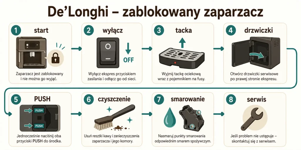 Siemens — opróżnij pojemnik na skropliny: ekspres włączony, wyjmij tackę, opróżnij wodę, umyj, osusz, odczekaj, wsuń do końca, serwis
