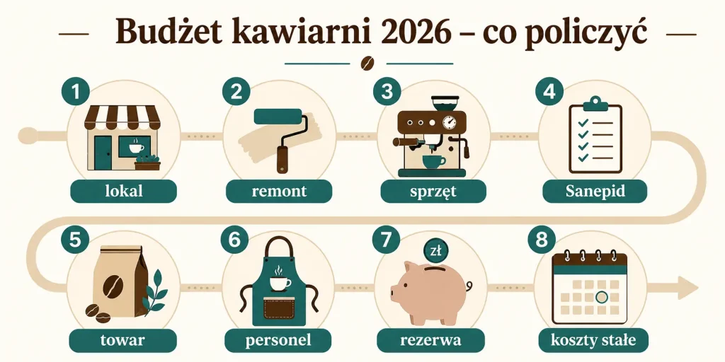 Otwarcie kawiarni 2026 — lokal, remont, sprzęt, Sanepid, towar, personel, rezerwa, koszty stałe
