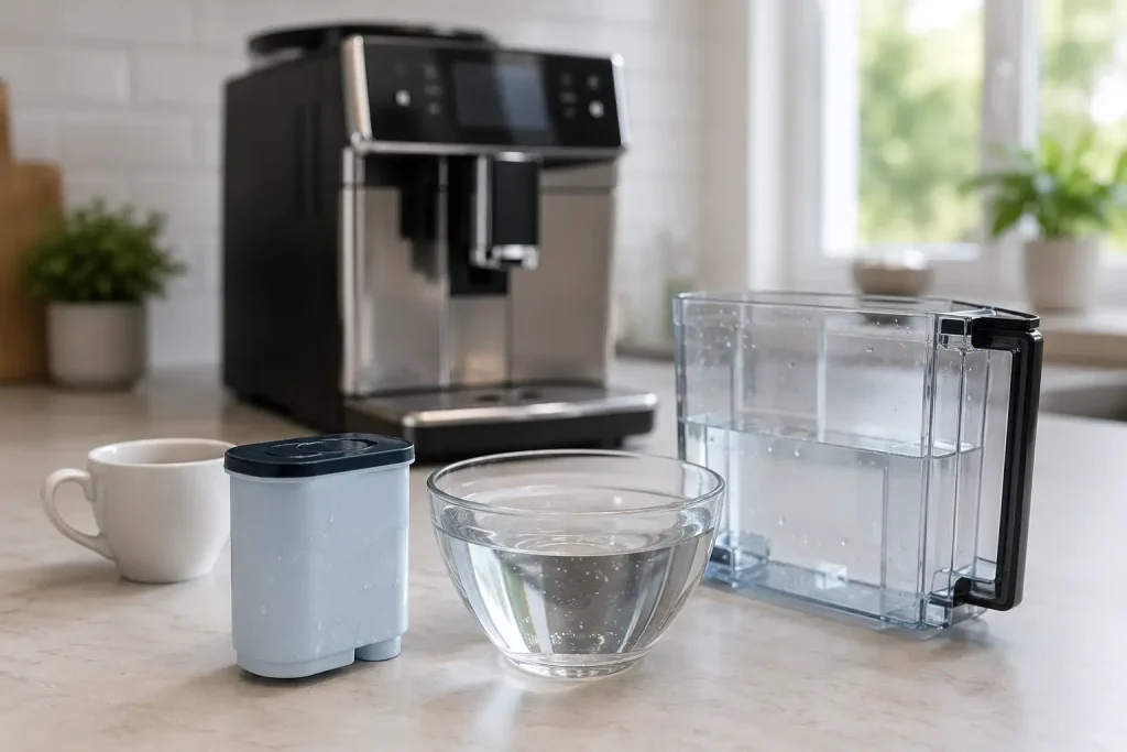 filtr AquaClean, zbiornik wody, dysza gorącej wody i filiżanka obok ekspresu Philips Saeco