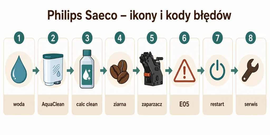  Philips Saeco — ikony i kody: woda, AquaClean, calc clean, ziarna, zaparzacz, E05, restart, serwis