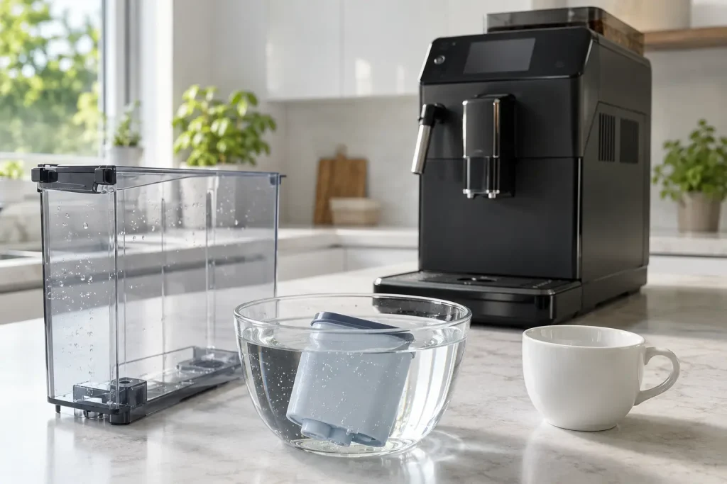 filtr AquaClean, zbiornik wody, miska z wodą i filiżanka obok ekspresu Saeco
