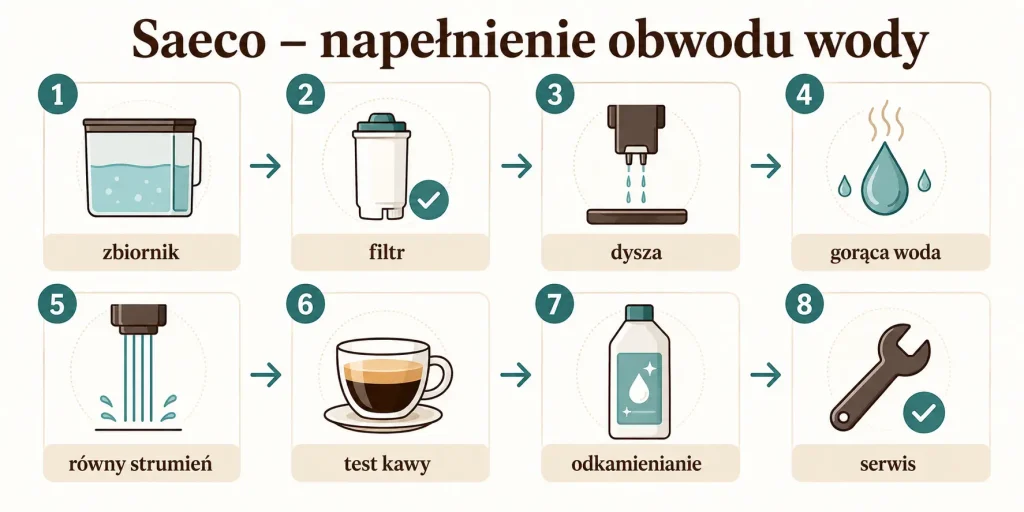 Saeco — napełnienie obwodu wody: zbiornik, filtr, dysza, gorąca woda, równy strumień, test kawy, odkamienianie, serwis