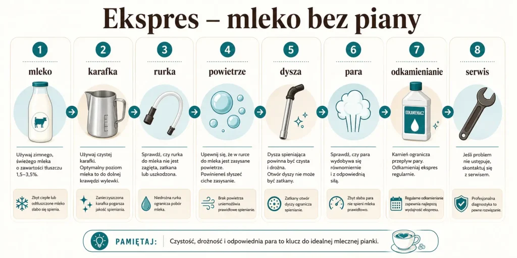 Ekspres gotuje mleko zamiast spieniać — mleko, karafka, rurka, powietrze, dysza, para, odkamienianie, serwis