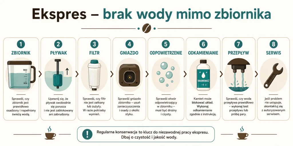 Ekspres pokazuje brak wody — zbiornik, pływak, filtr, gniazdo, odpowietrzenie, odkamienianie, przepływ, serwis