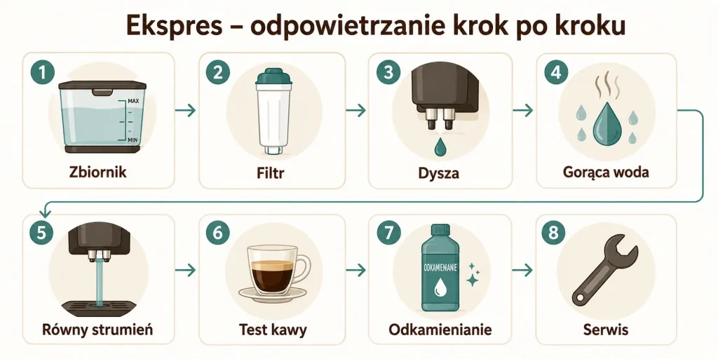 Odpowietrzanie ekspresu — zbiornik, filtr, dysza, gorąca woda, równy strumień, kawa testowa, odkamienianie, serwis