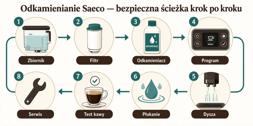 Odkamienianie Saeco — bezpieczna ścieżka krok po kroku”. Na obrazie: przygotowanie zbiornika, wyjęcie filtra, dolanie środka, start programu, praca dyszy, płukanie, test kawy i decyzja o serwisie