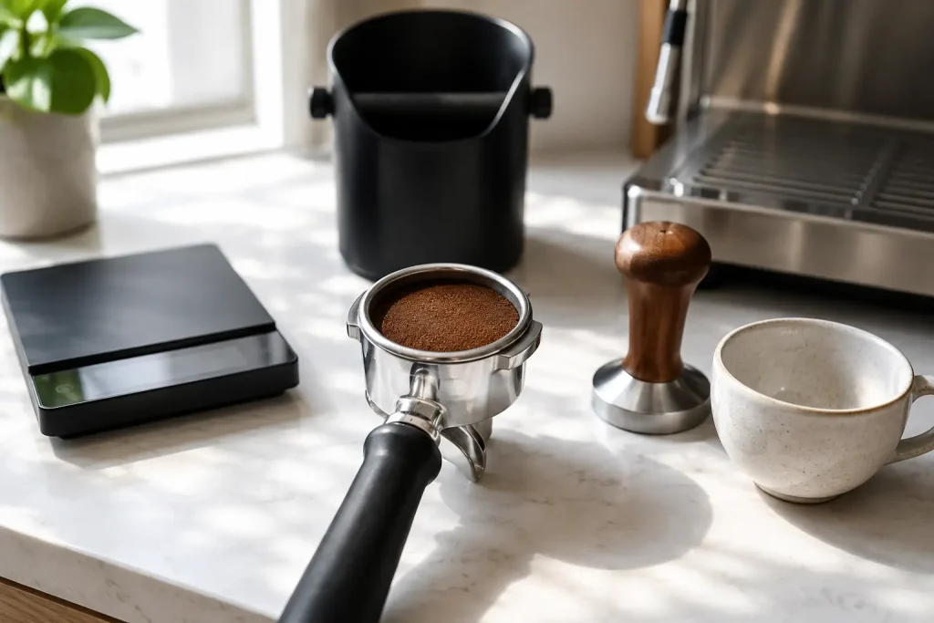 Gotowa kolba po WDT i tampowaniu, obok filiżanka espresso, tamper, waga i knock box