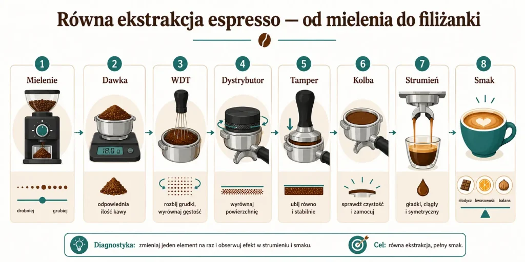 „Równa ekstrakcja espresso — od mielenia do filiżanki”. Na obrazie: mielenie, dawka, WDT, dystrybutor, tampowanie, kolba bezdenna, równy strumień, ocena smaku.