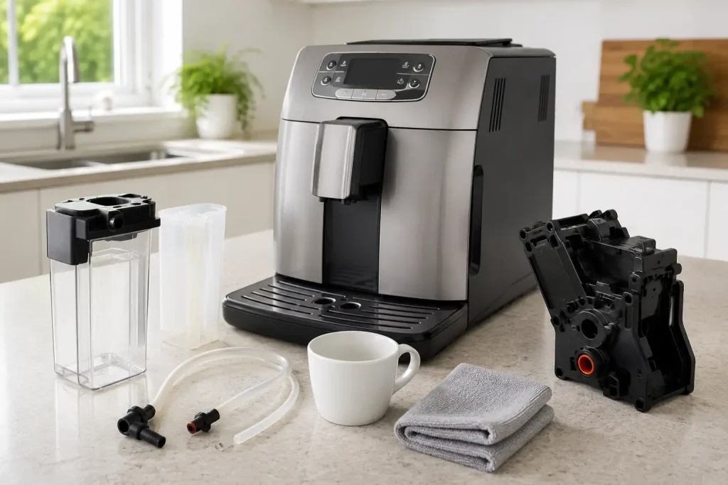Saeco Intelia One Touch Cappuccino, karafka mleczna, wyjęte elementy obiegu mleka, czysta filiżanka i ściereczka