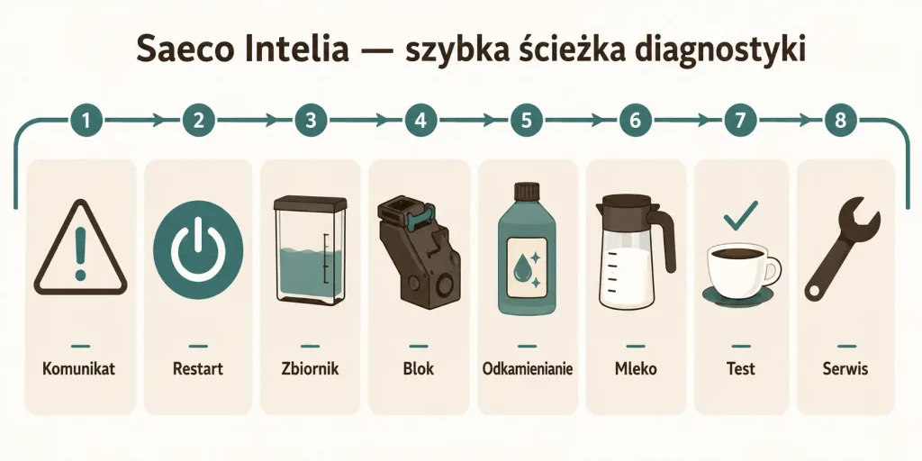 „Saeco Intelia — szybka ścieżka diagnostyki”. Na obrazie: komunikat, restart, zbiornik wody, blok zaparzający, odkamienianie, obieg mleka, test przepływu, serwis