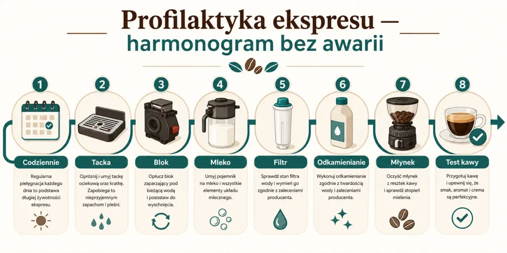 „Profilaktyka ekspresu — harmonogram bez awarii”. Na obrazie: codzienne płukanie, tacka, blok zaparzający, system mleczny, filtr wody, odkamienianie, młynek, test kawy