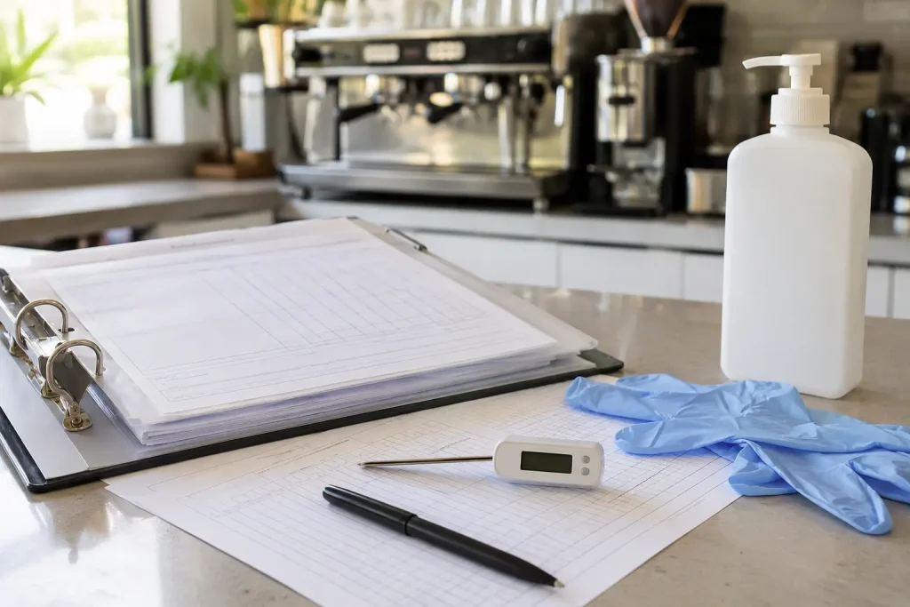 Segregator HACCP, lista kontroli temperatur, termometr, rękawiczki, środki do dezynfekcji i czyste stanowisko baristy